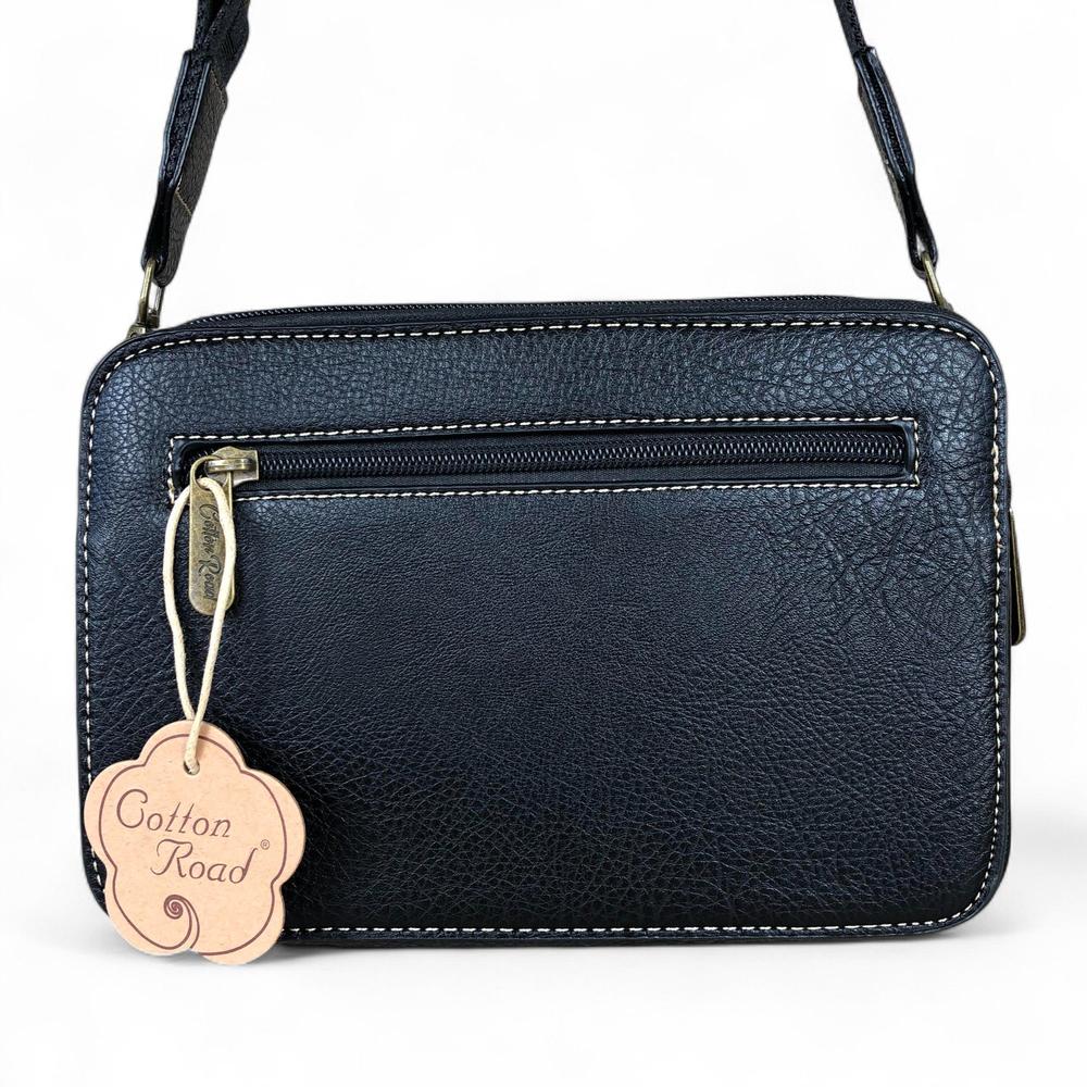 BLACK PU Leather Cotton Road Sling Bag with FLORAL Print Pocket