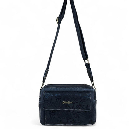 BLACK PU Leather Cotton Road Sling Bag with FLORAL Print Pocket