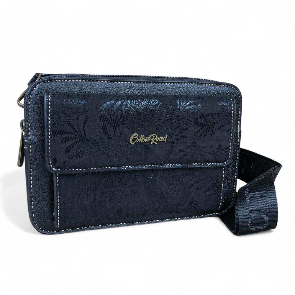 BLACK PU Leather Cotton Road Sling Bag with FLORAL Print Pocket