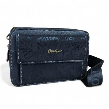 BLACK PU Leather Cotton Road Sling Bag with FLORAL Print Pocket