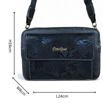 BLACK PU Leather Cotton Road Sling Bag with FLORAL Print Pocket