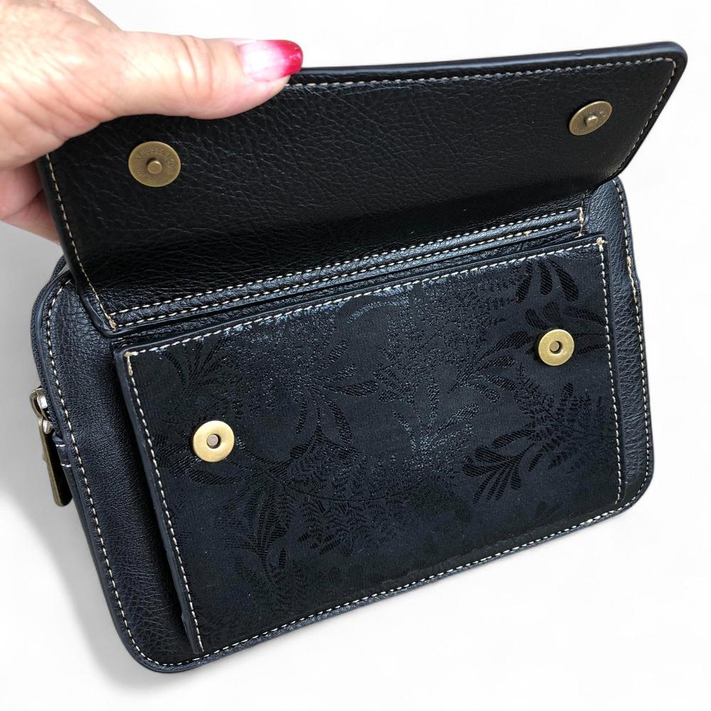 BLACK PU Leather Cotton Road Sling Bag with FLORAL Print Pocket