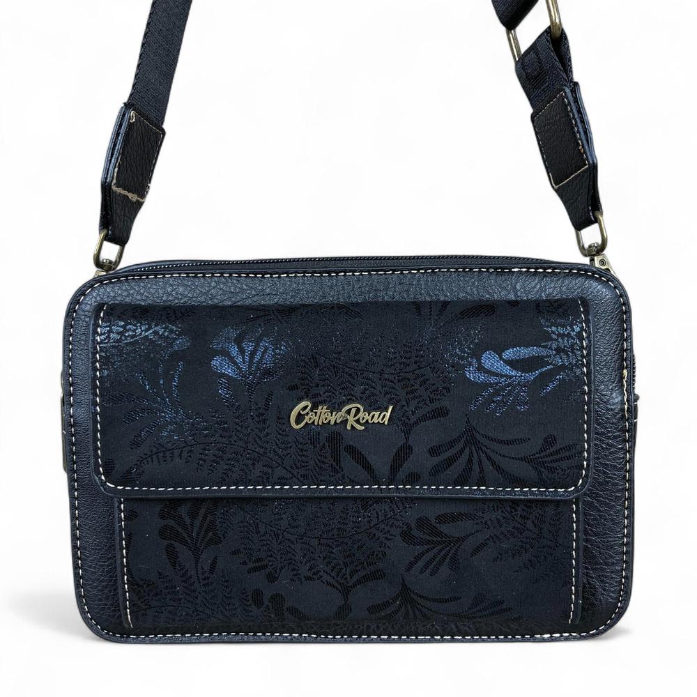 BLACK PU Leather Cotton Road Sling Bag with FLORAL Print Pocket