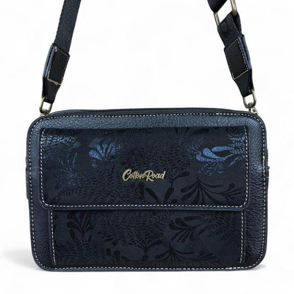BLACK PU Leather Cotton Road Sling Bag with FLORAL Print Pocket