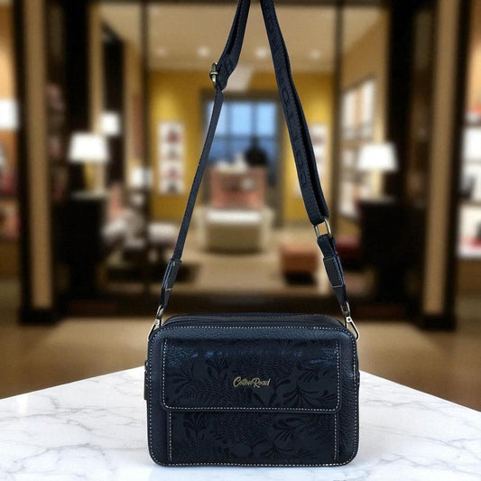 BLACK PU Leather Cotton Road Sling Bag with FLORAL Print Pocket