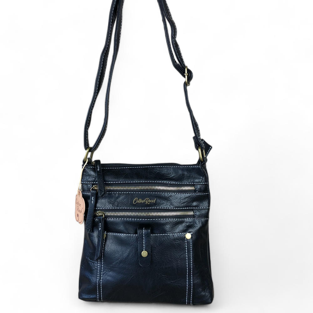 BLACK PU Leather Cotton Road Sling Bag with Metal Zips