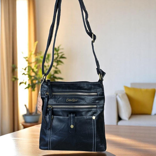 BLACK PU Leather Cotton Road Sling Bag with Metal Zips