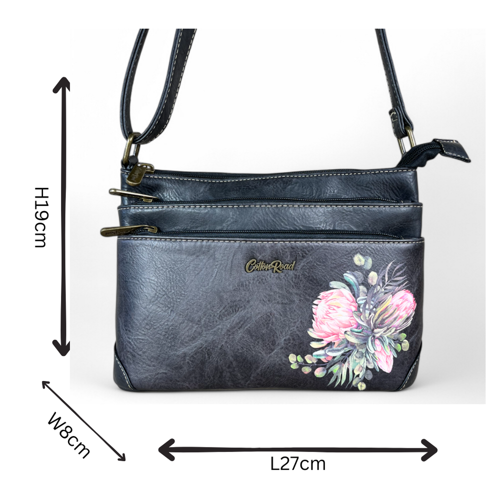 BLACK PU Leather Cotton Road Sling Bag with PROTEA detailing