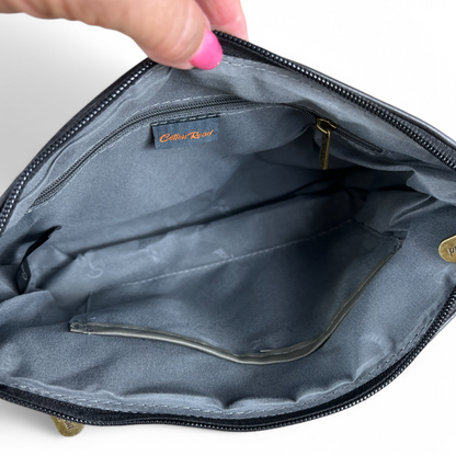 BLACK PU Leather Cotton Road Sling Bag with PROTEA detailing