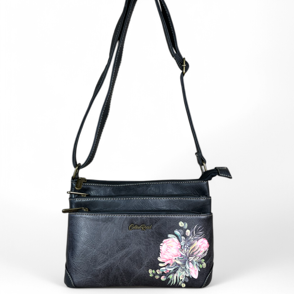 BLACK PU Leather Cotton Road Sling Bag with PROTEA detailing