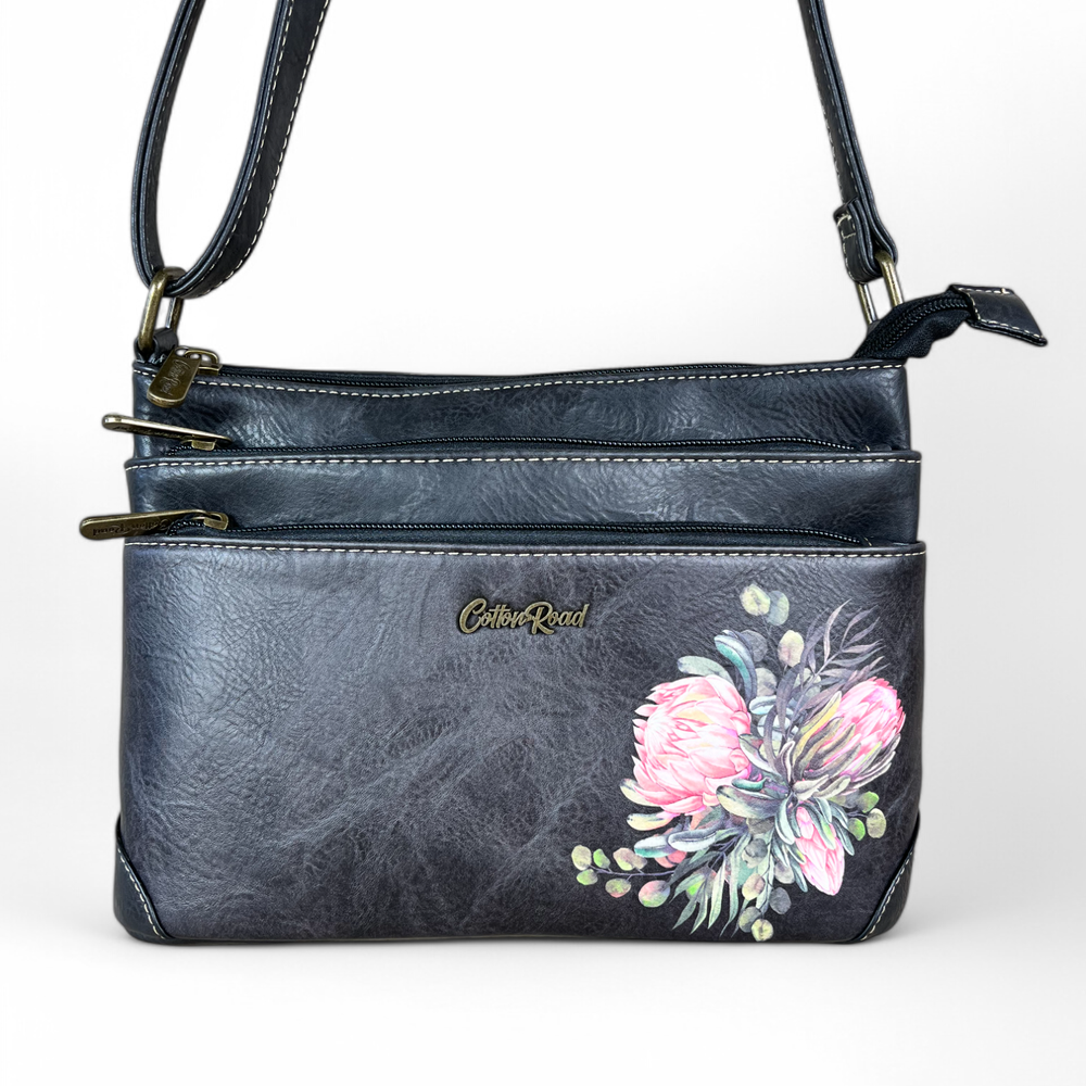 BLACK PU Leather Cotton Road Sling Bag with PROTEA detailing