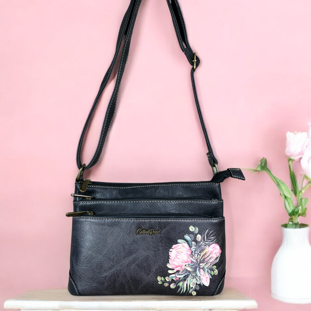 BLACK PU Leather Cotton Road Sling Bag with PROTEA detailing