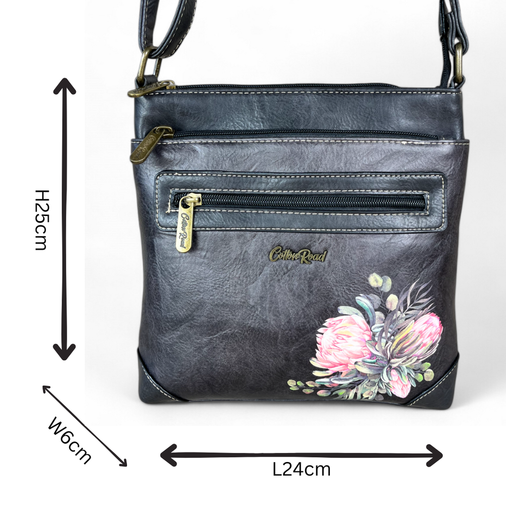BLACK PU Leather Cotton Road Sling Bag with PROTEAS