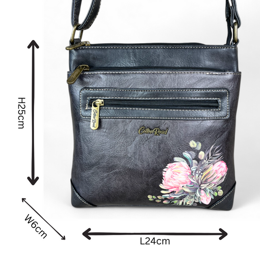 BLACK PU Leather Cotton Road Sling Bag with PROTEAS