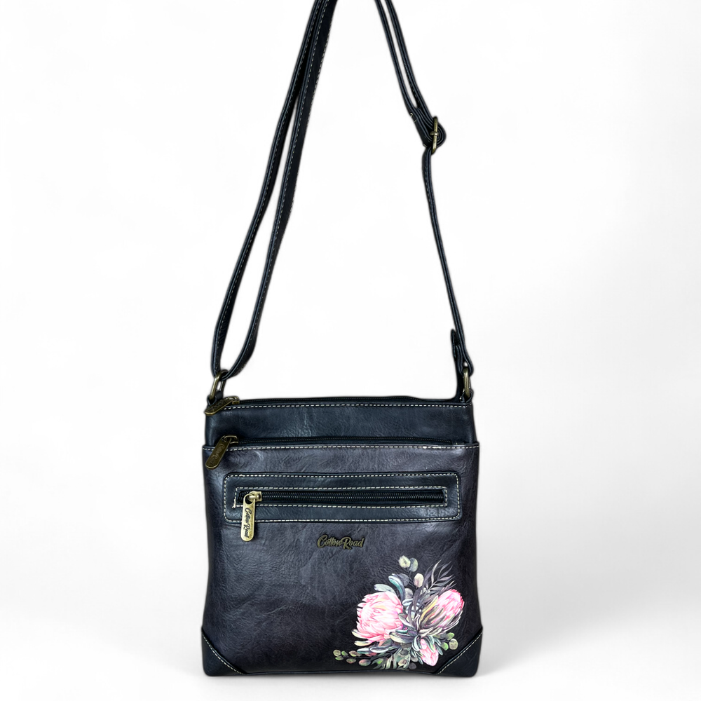 BLACK PU Leather Cotton Road Sling Bag with PROTEAS