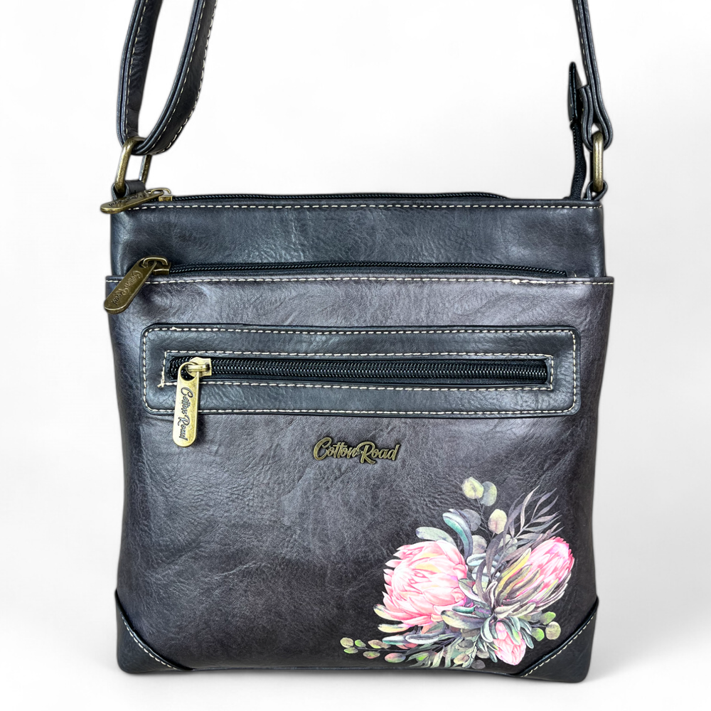 BLACK PU Leather Cotton Road Sling Bag with PROTEAS