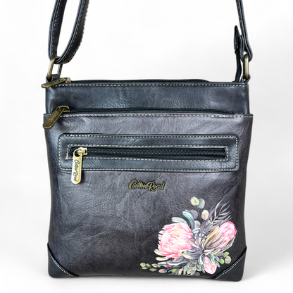 BLACK PU Leather Cotton Road Sling Bag with PROTEAS
