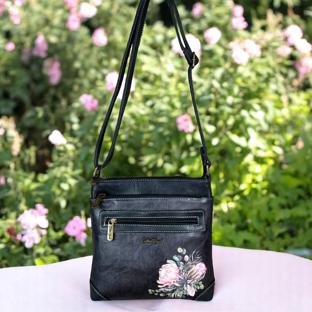 BLACK PU Leather Cotton Road Sling Bag with PROTEAS