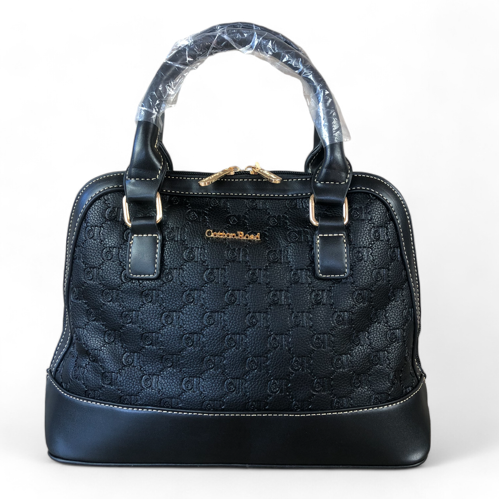 BLACK Patterned PU Leather Cotton Road Handbag