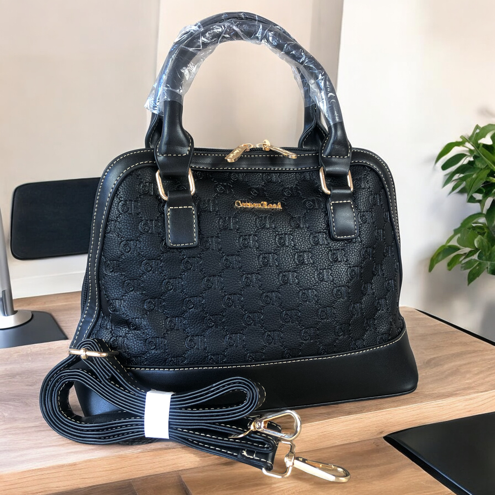 BLACK Patterned PU Leather Cotton Road Handbag