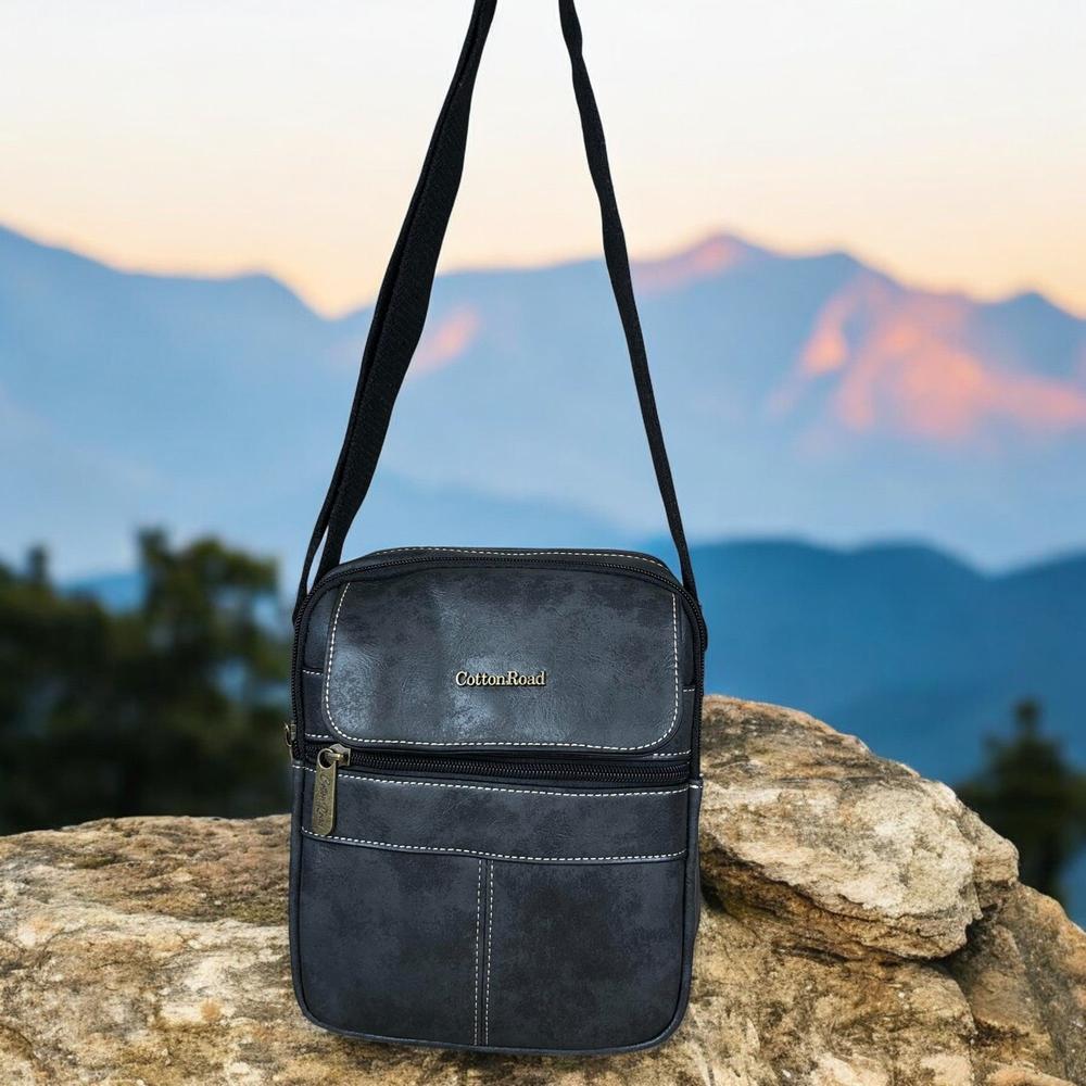 BLACK Unisex PU Leather Cotton Road Sling Bag