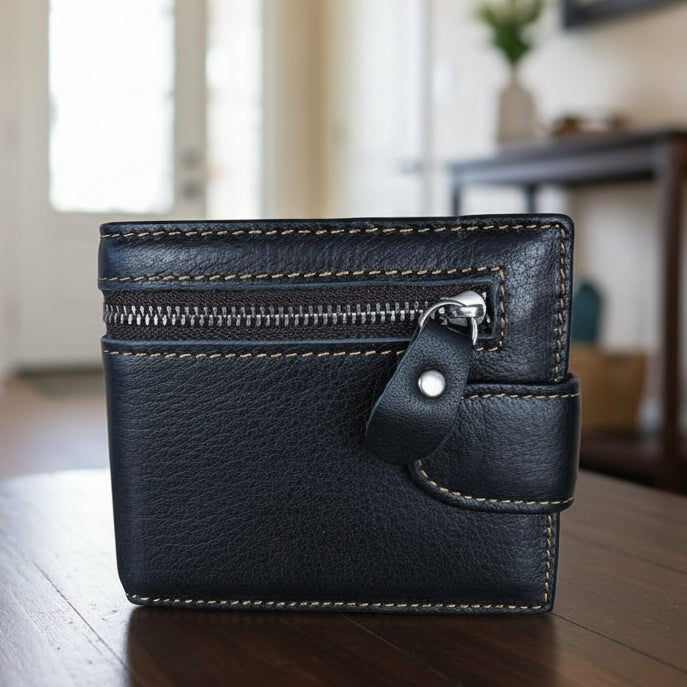 BLACK VIVACE MENS Genuine Leather Wallet with Clip and Zip detailing