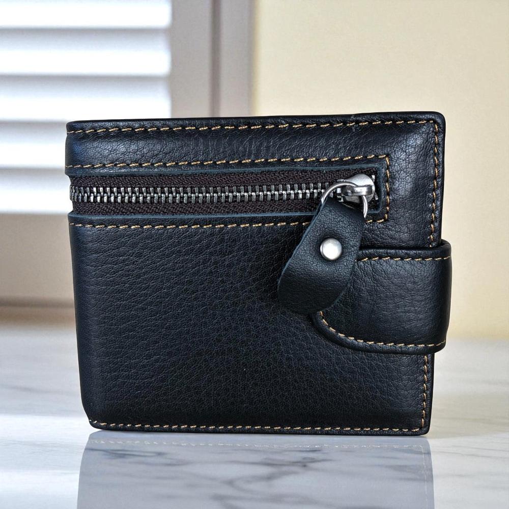 BLACK VIVACE MENS Genuine Leather Wallet with Clip and Zip detailing
