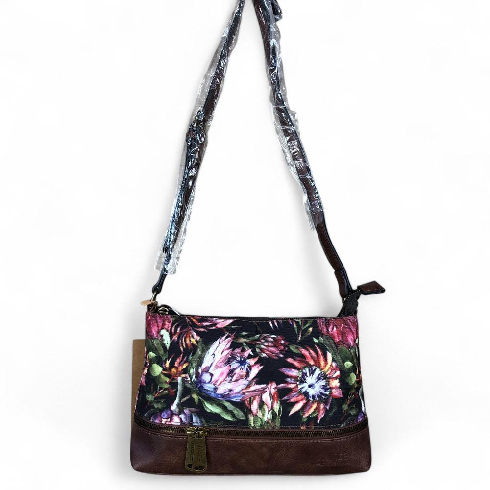 BLACK Vivace Canvas Sling Bag with PROTEA Print and BROWN PU Leather TRIM