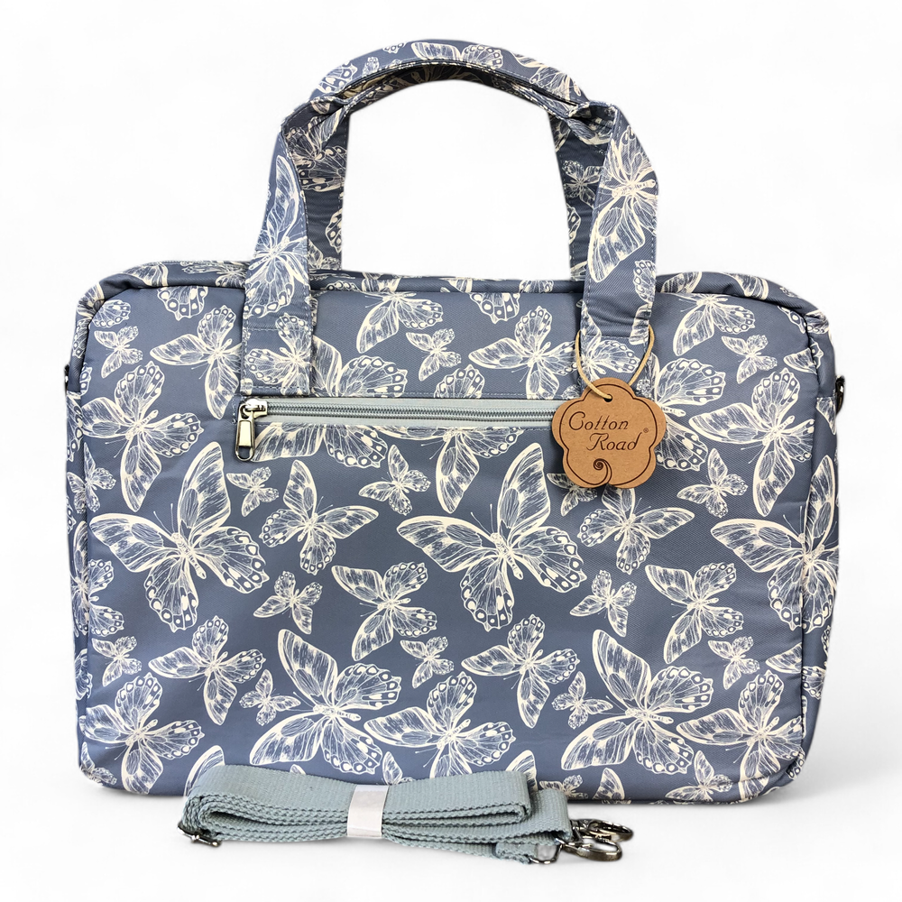 BLUE Canvas BUTTERFLY Cotton Road Laptop Bag with GREY Trim and Matching Sleeve COMBO