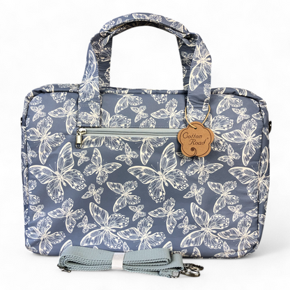 BLUE Canvas BUTTERFLY Cotton Road Laptop Bag with GREY Trim and Matching Sleeve COMBO