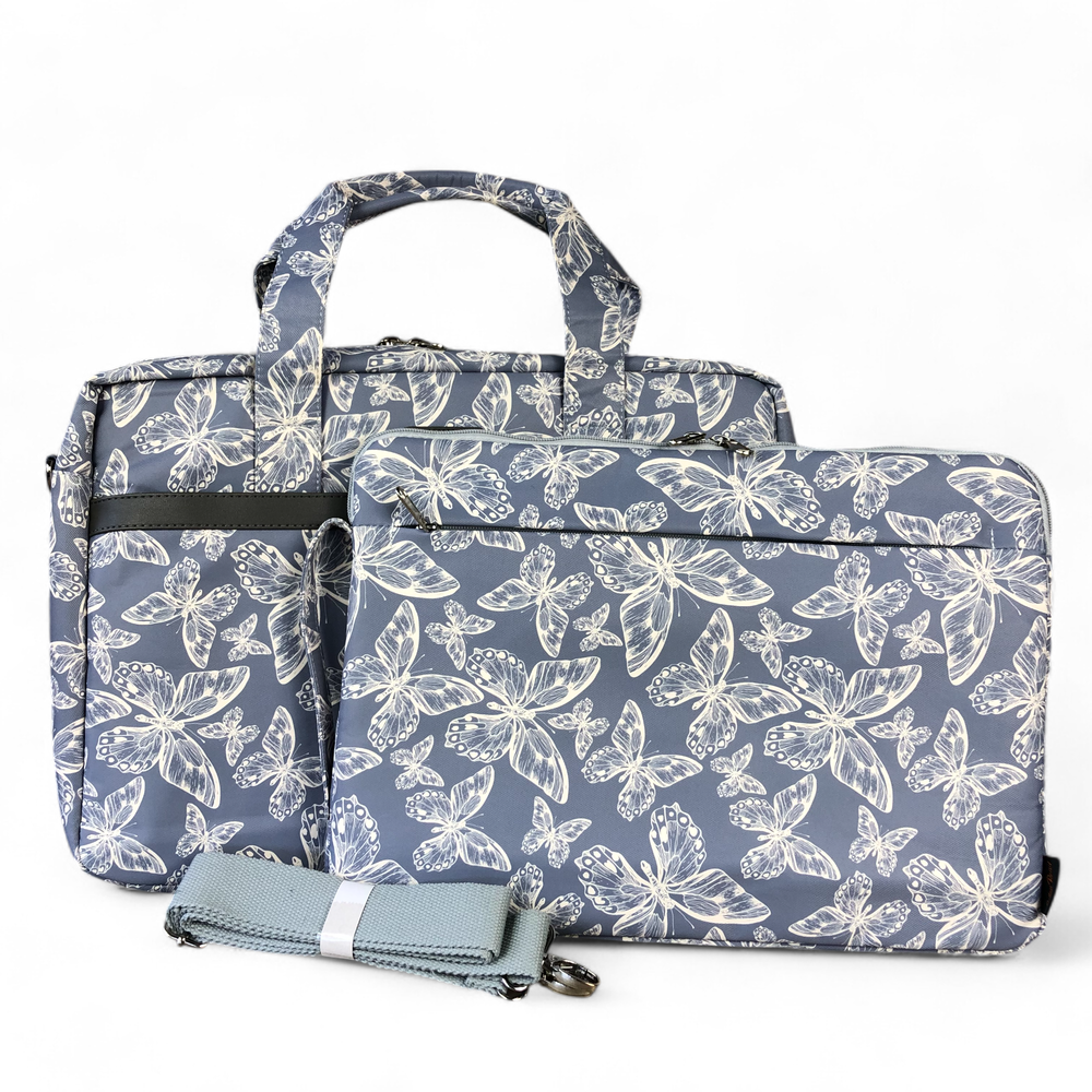 BLUE Canvas BUTTERFLY Cotton Road Laptop Bag with GREY Trim and Matching Sleeve COMBO