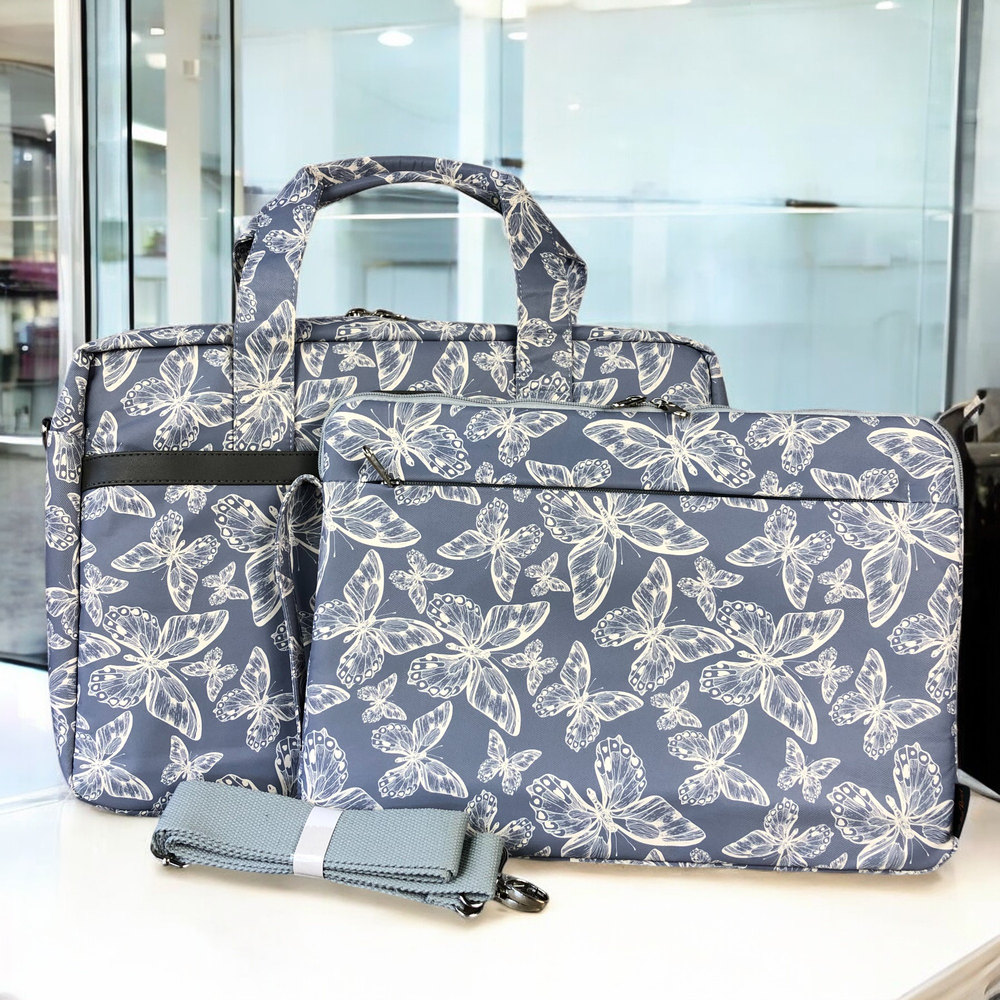 BLUE Canvas BUTTERFLY Cotton Road Laptop Bag with GREY Trim and Matching Sleeve COMBO
