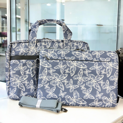 BLUE Canvas BUTTERFLY Cotton Road Laptop Bag with GREY Trim and Matching Sleeve COMBO