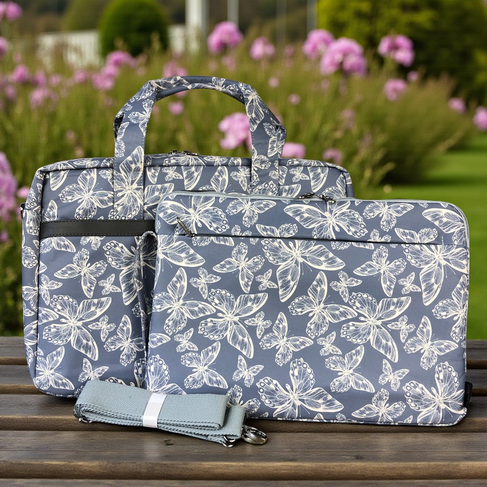 BLUE Canvas BUTTERFLY Cotton Road Laptop Bag with GREY Trim and Matching Sleeve COMBO