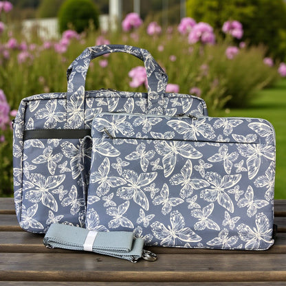BLUE Canvas BUTTERFLY Cotton Road Laptop Bag with GREY Trim and Matching Sleeve COMBO
