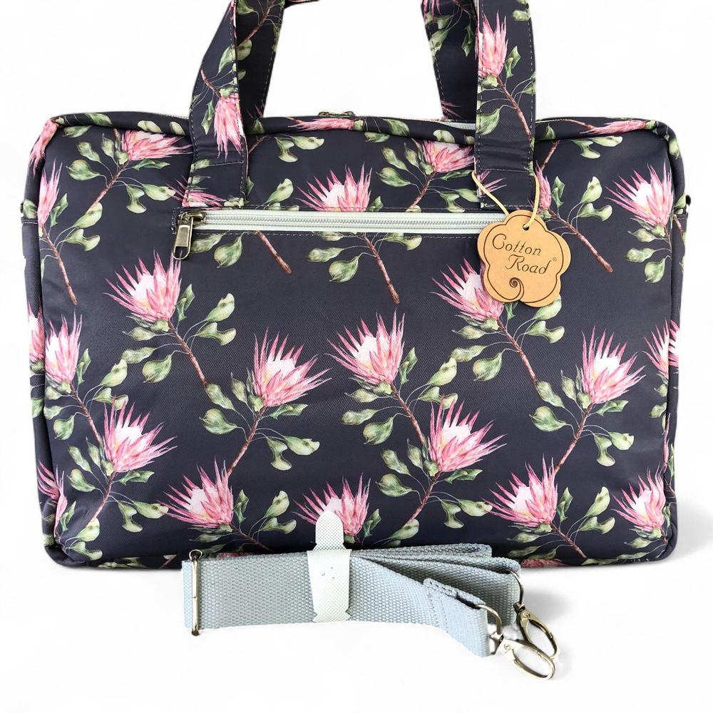 BLUE Canvas FLORAL Cotton Road Laptop Bag with GREY Trim and Matching Sleeve COMBO