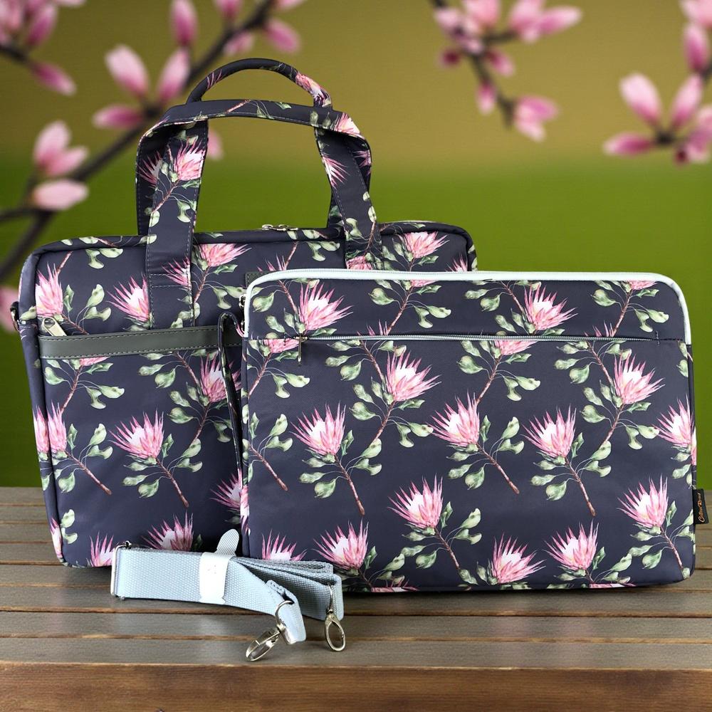 BLUE Canvas FLORAL Cotton Road Laptop Bag with GREY Trim and Matching Sleeve COMBO