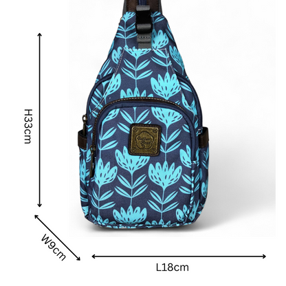 BLUE Cotton Road CANVAS Cross Body Bag / Mini Backpack with PROTEAS