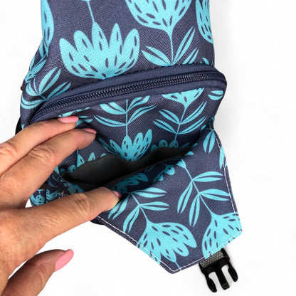 BLUE Cotton Road CANVAS Cross Body Bag / Mini Backpack with PROTEAS