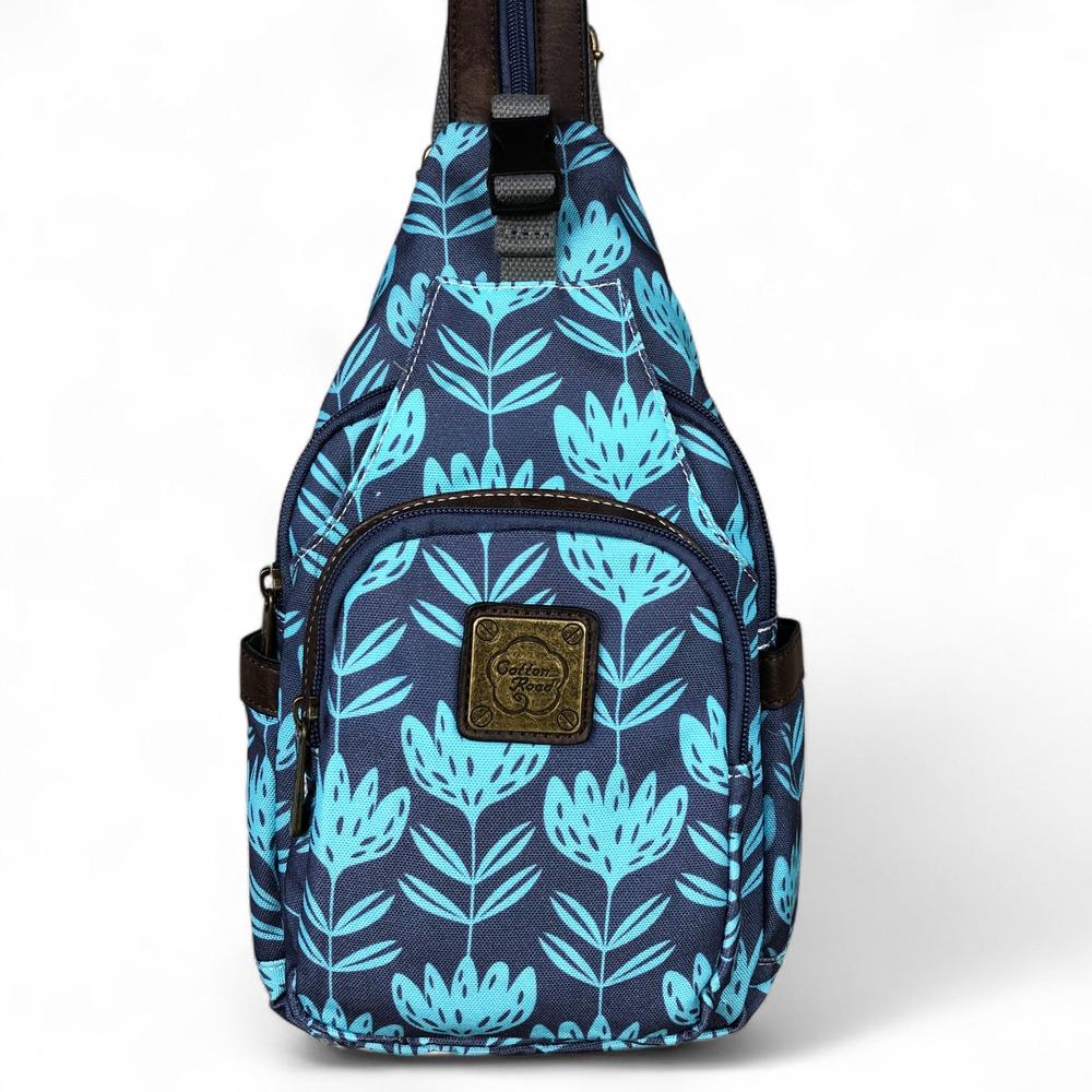 BLUE Cotton Road CANVAS Cross Body Bag / Mini Backpack with PROTEAS