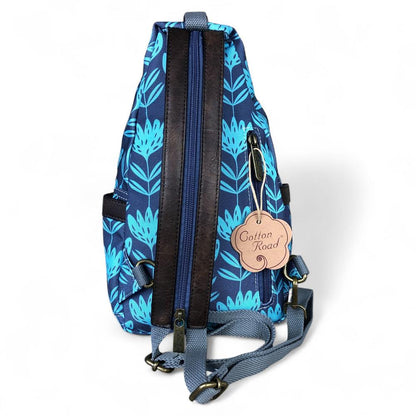 BLUE Cotton Road CANVAS Cross Body Bag / Mini Backpack with PROTEAS