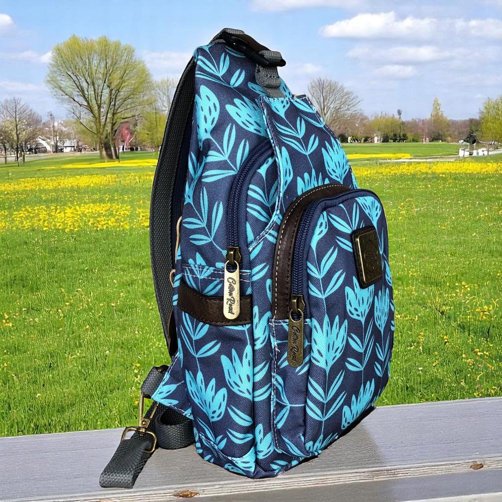 BLUE Cotton Road CANVAS Cross Body Bag / Mini Backpack with PROTEAS