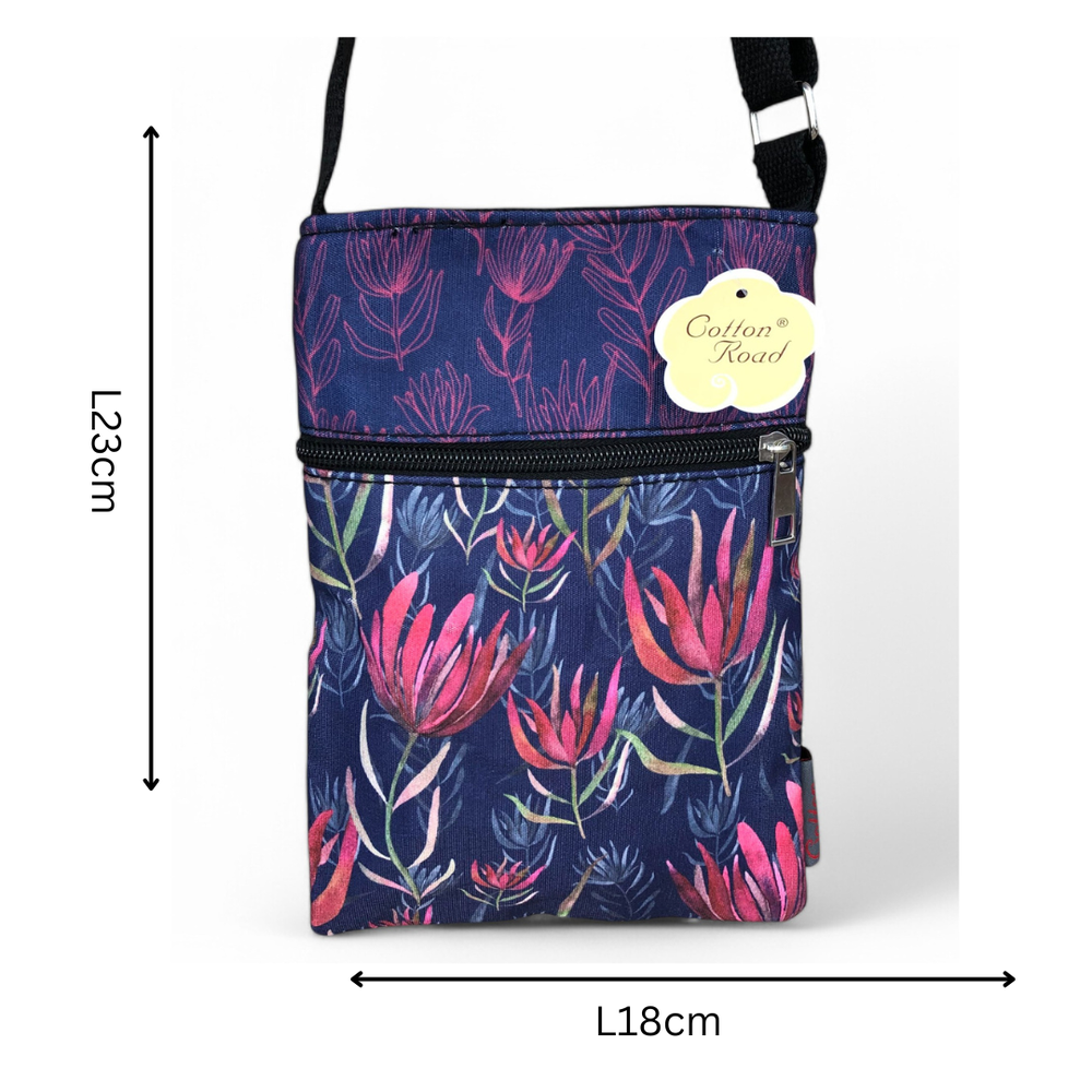BLUE FLORAL Cotton Road Canvas Mini Sling Bag with PROTEAS