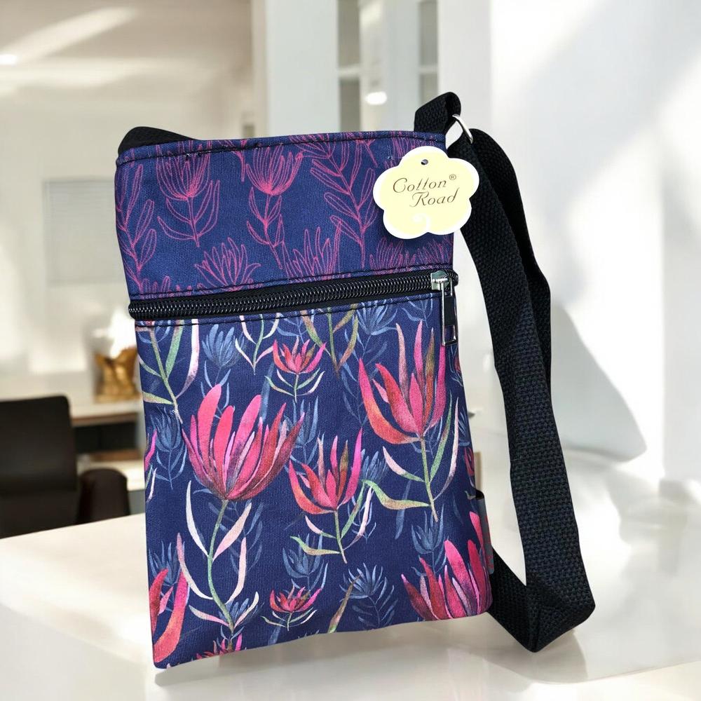 BLUE FLORAL Cotton Road Canvas Mini Sling Bag with PROTEAS