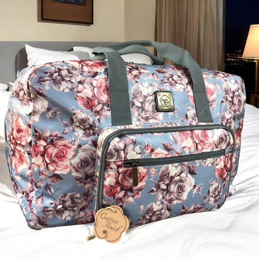 BLUE FLORAL PVC Foldaway WEEKENDER Cotton Road Travel Bag
