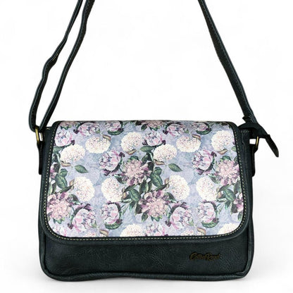 BLUE PU Leather Cotton Road Sling Bag with FLORAL Panel