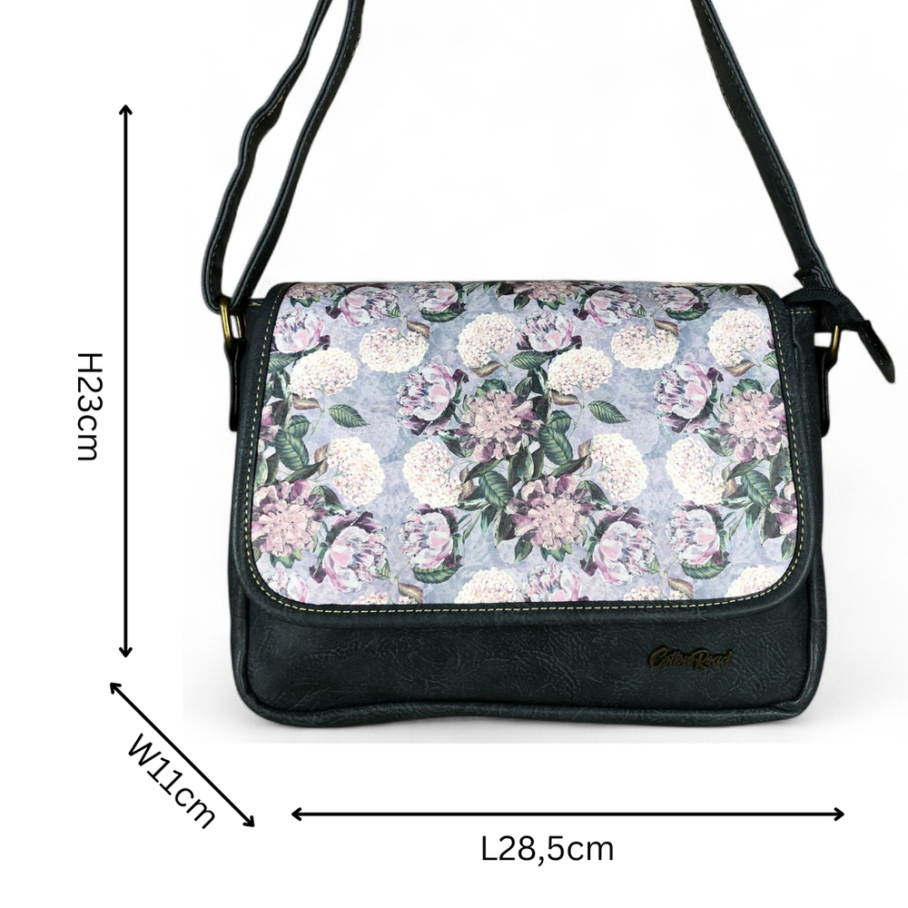 BLUE PU Leather Cotton Road Sling Bag with FLORAL Panel