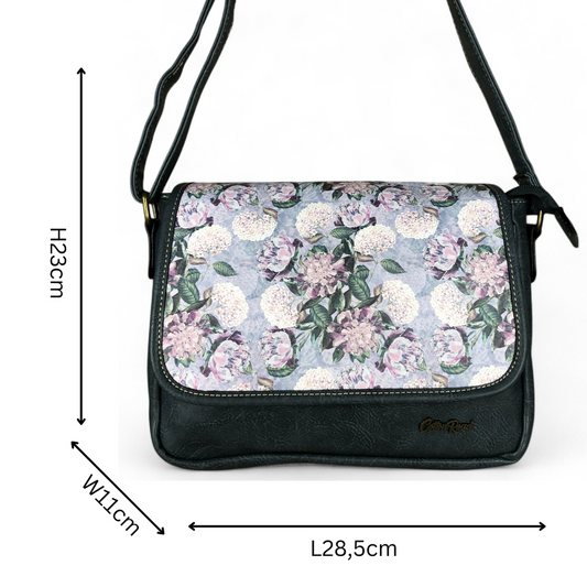 BLUE PU Leather Cotton Road Sling Bag with FLORAL Panel