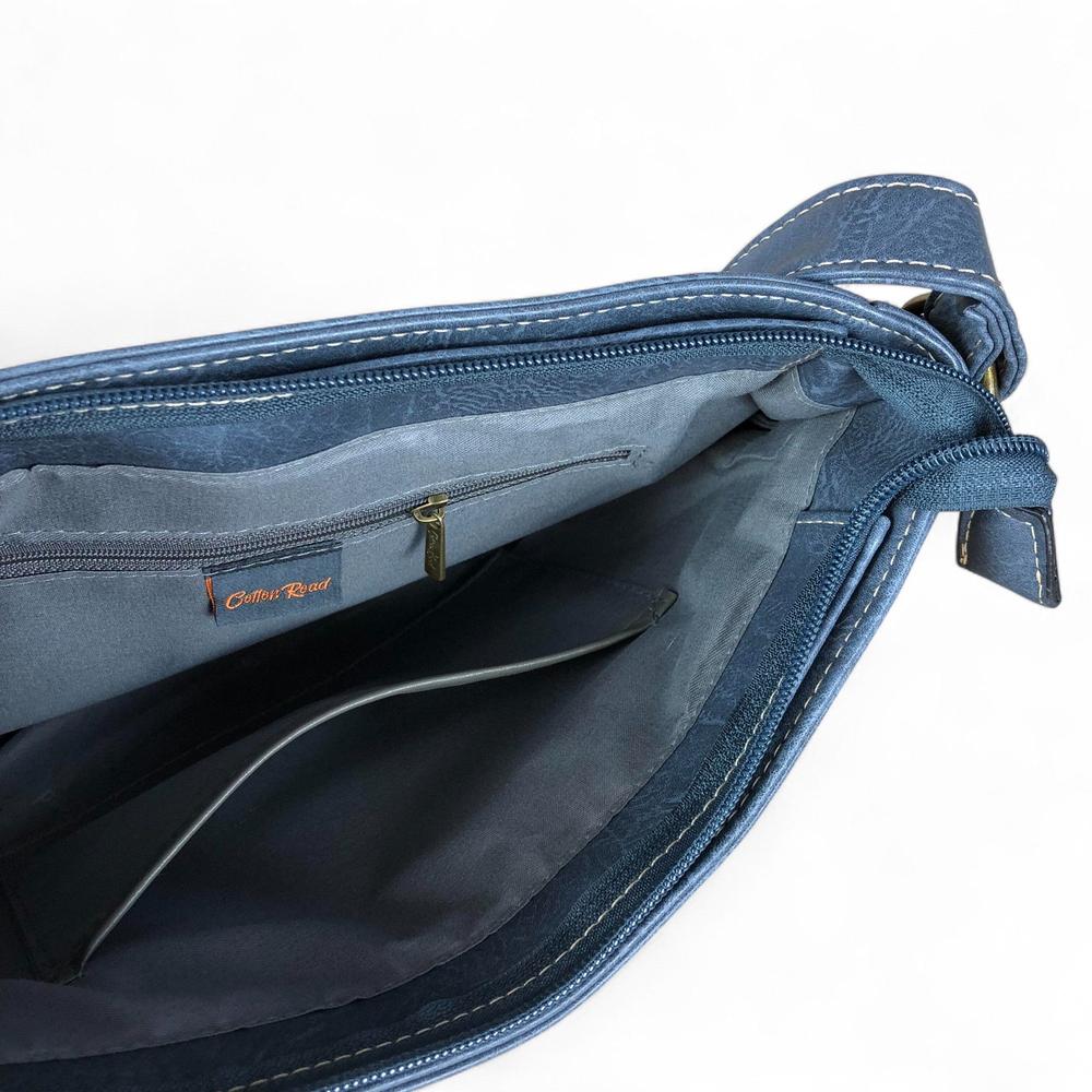 BLUE PU Leather Cotton Road Sling Bag with FLORAL Panel