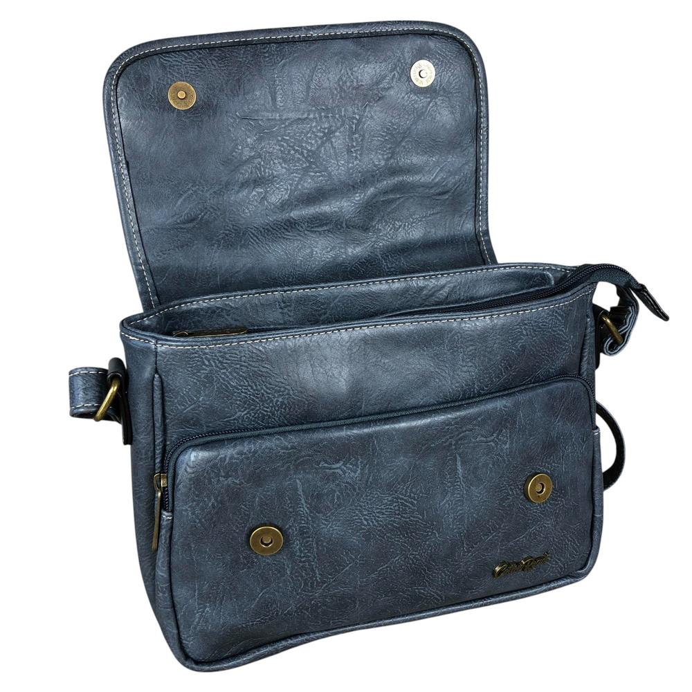 BLUE PU Leather Cotton Road Sling Bag with FLORAL Panel